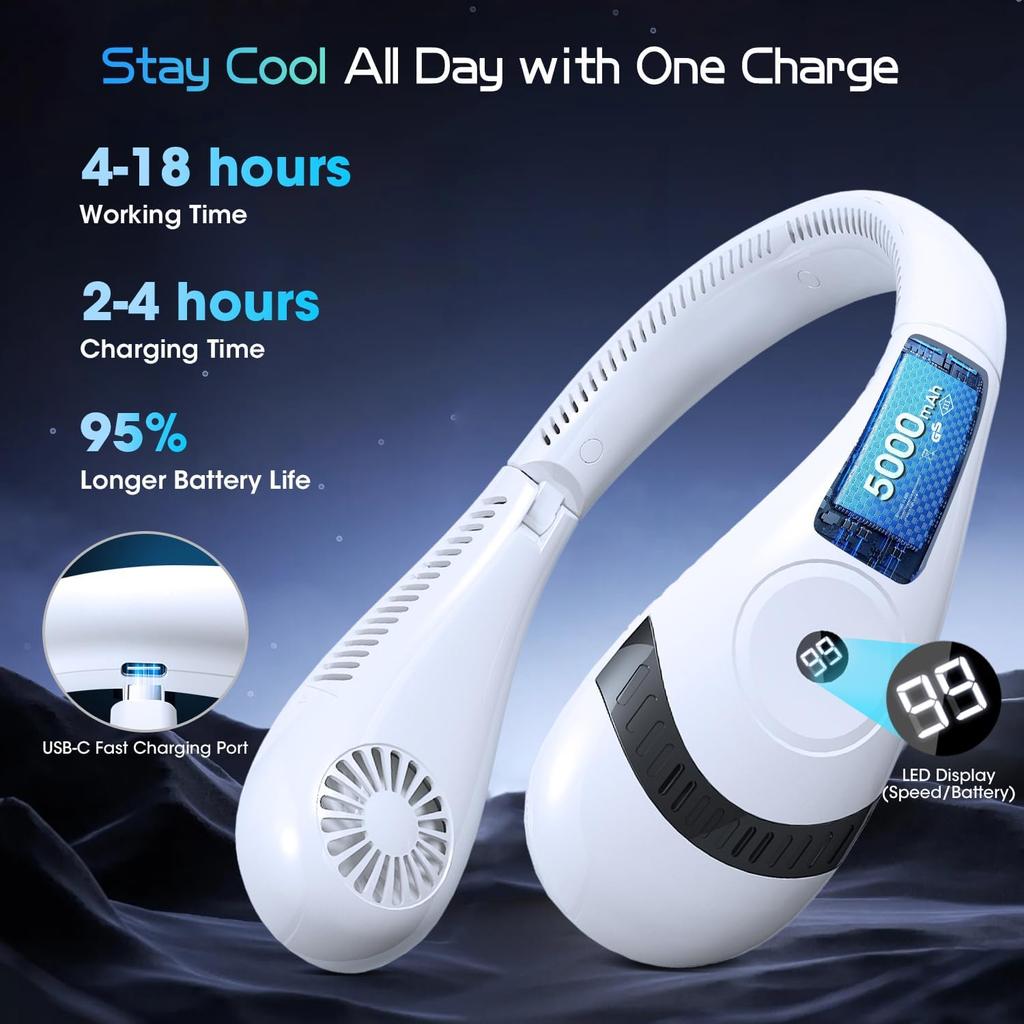 OLV Neck Fan 5000mAh Rechargeable Battery Portable Fan 360° Bladeless Cooling 3 Speeds Powerful Airflow Personal Foldable Neck Fan Gifts for Men