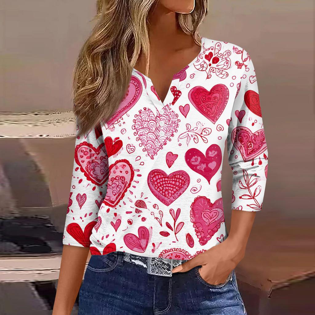 Damen Kragen Valentinstag Print Kurzarm T-Shirt Top