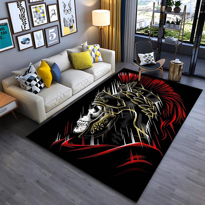 Skull Warrior Helmet Pattern Carpet, Black with Red & Gold Accents Suitable for Use As an Anti-slip for Living Room Bedroom Sofas
