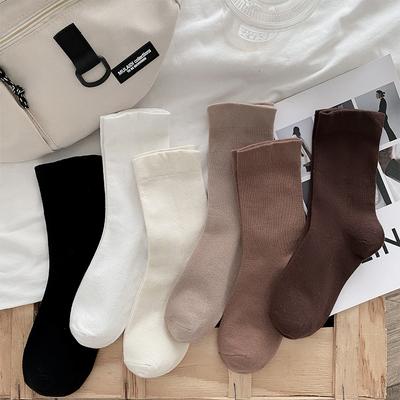 5 Paar Socken Milchtee-Farbe Frühling und Herbst Stapelsocken Damenmode Mittelwaden-Socken Spaghetti-Socken Damen Baumwolle Einfarbig
