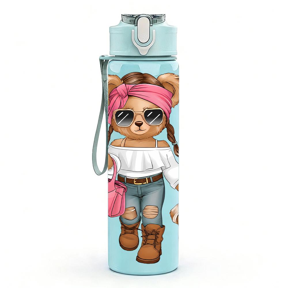 1PC Fashion Teddy Bear Puppy Cartoon 750ml Color Plastic Sports Water Bottle Leakproof Flip Straw Lid Suitable for Sports Office Home Use