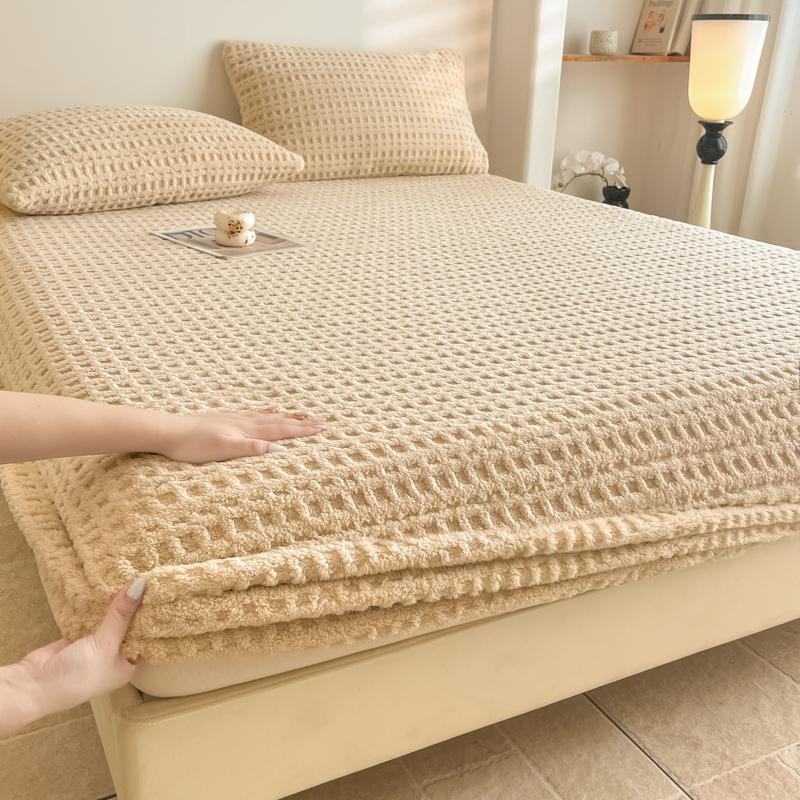 Solid Waffle Texture Fleece Fitted Sheet Autumn Winter Warm Mattress Protector Single Double Size Soft Bed Sheet with Pillowcase
