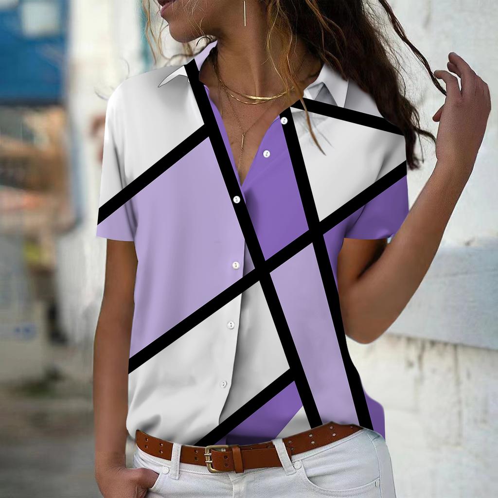 2025 Summer New Fashion Women's Geometry Printed Short Sleeve V-neck Casual Button-down Shirt Top