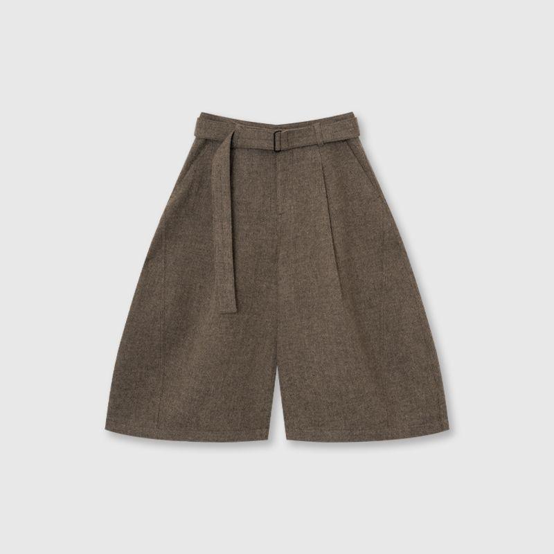 Autumn Winter Fashion Woolen Cropped Pants Women High Waisted Pleated Wide Leg Pants Solid Color Office Lady Belt Trousers