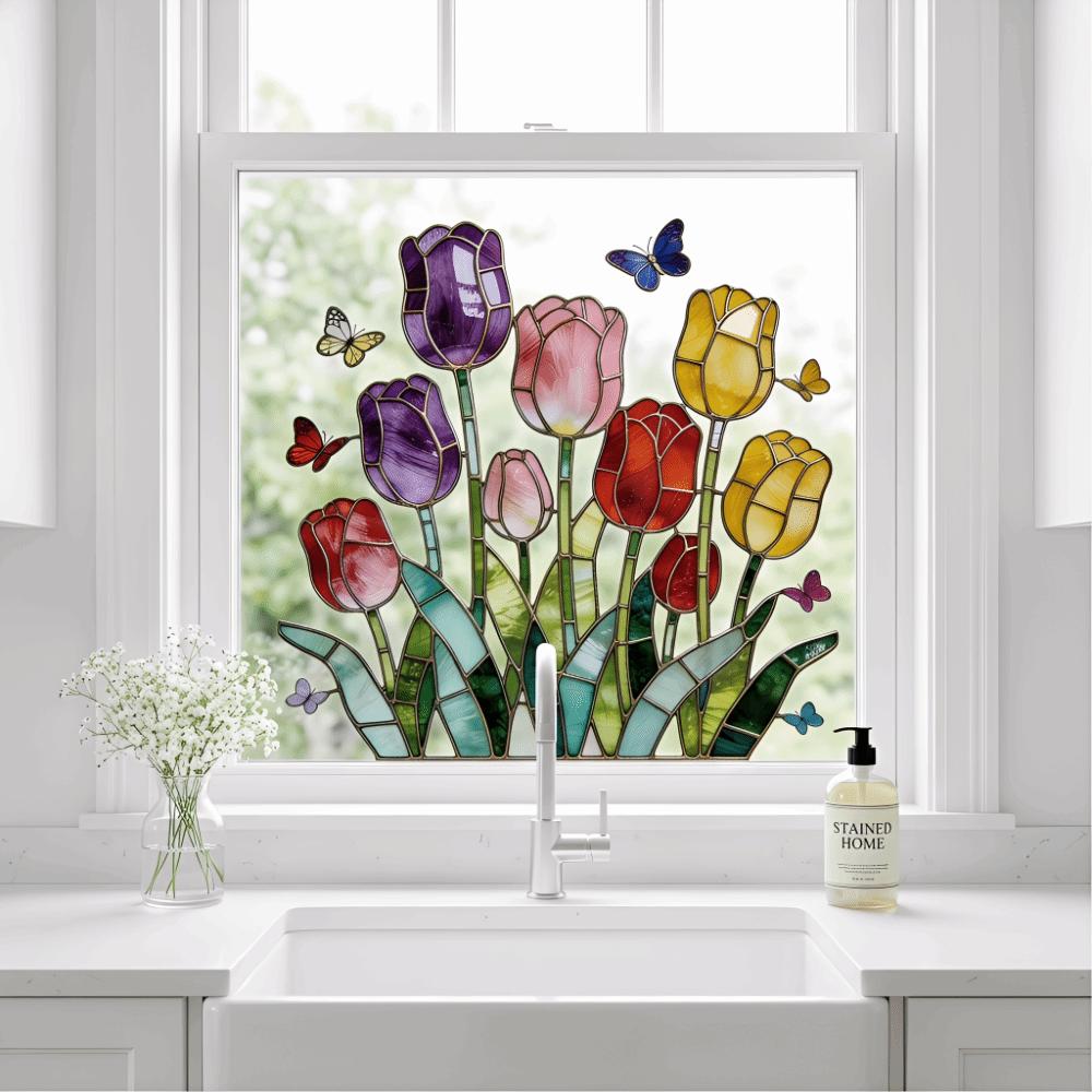 Waterproof Tulip Glass Stickers Self-adhesive Butterfly Wall Stickers Bedroom