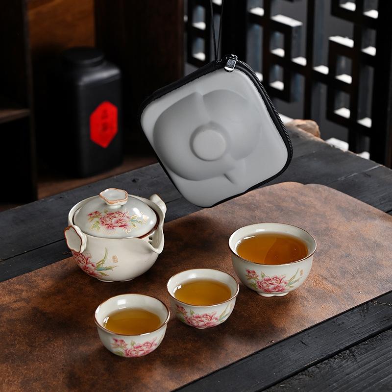 Brewing Teapot Open Travel Tea Set Portable Ceramic Express Cup One Pot Three Cups Outdoor Camping Ru Kiln Tea Cup