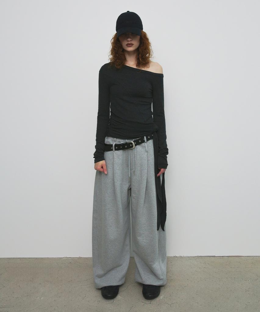 Saendeulig One Shoulder Unbalanced Strap T-Shirt_Charcoal