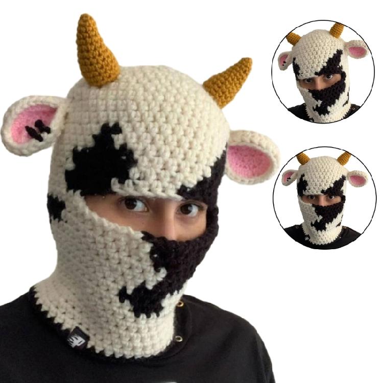 Knit Balaclava Cap Adult Prank Beanie Hat Cow Headcover Halloween Facecover Hat