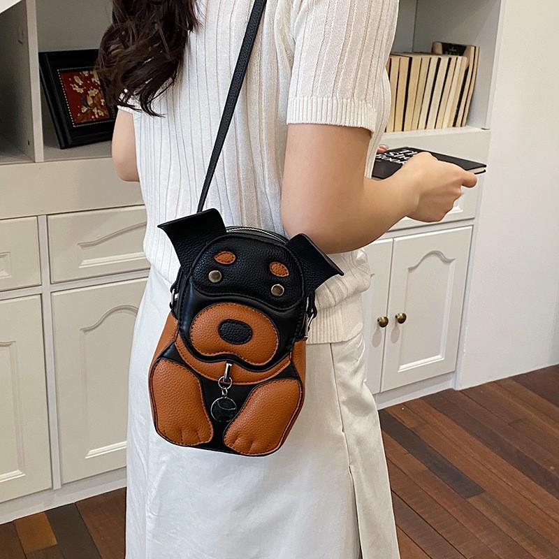 Cute Cartoon Dog Patchwork Crossbody Bag Women Small PU Shoulder With Zip Design Daily Use