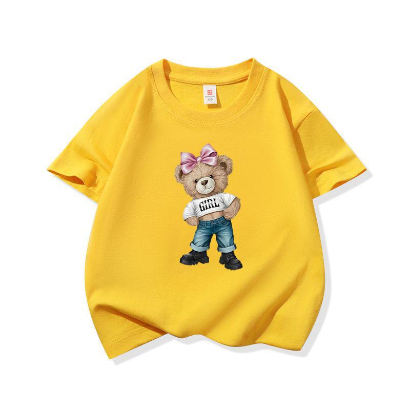 Girl Bear With Pink Bow Graphic Tee Kids Pure Cotton Crew Neck T Shirt Short Sleeve Muticolor Tops For Boys Girls Children