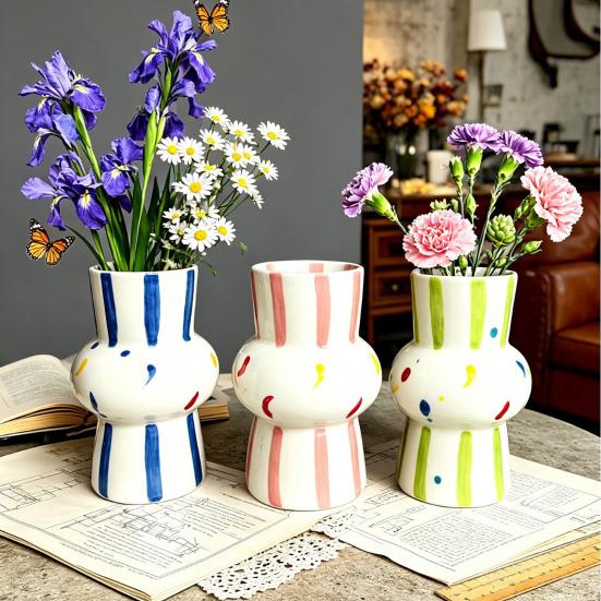 Ceramic Vase Hand Painted Striped Polka Dot Flower Vase Gourd Shape Vase for Fresh And Dried Flowers Home