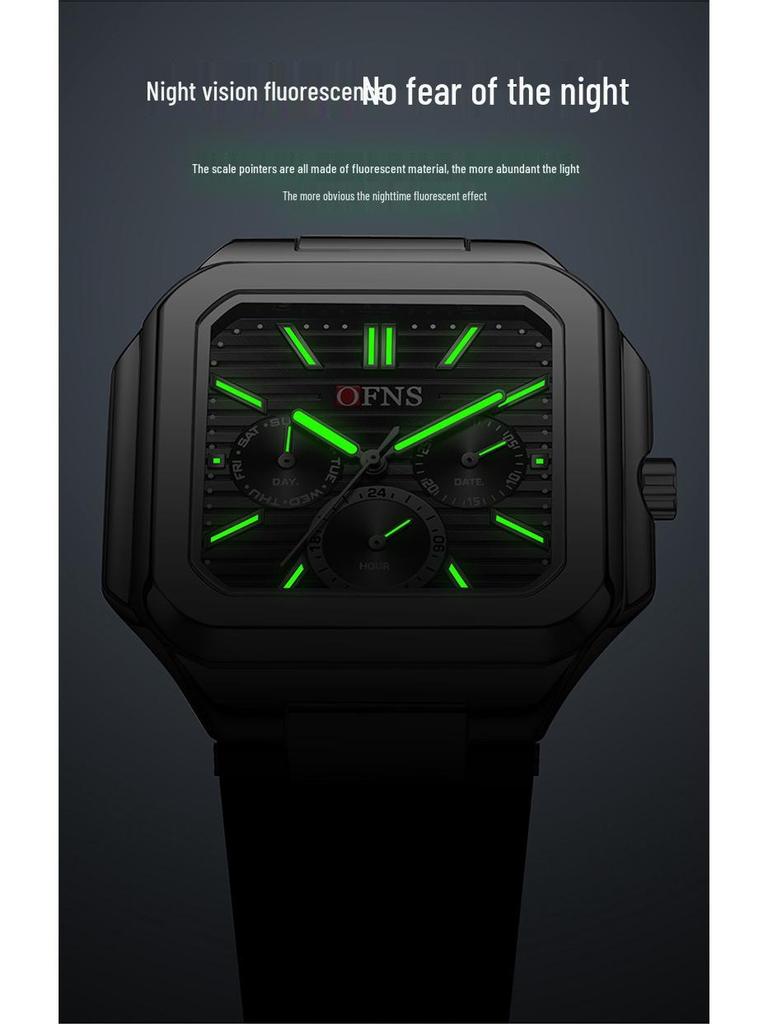 OFNS Six-Hand Men's Square Quartz Watch: Luminous, Day-Date, 30M Waterproof, Silicone Steel Band, Hot Seller