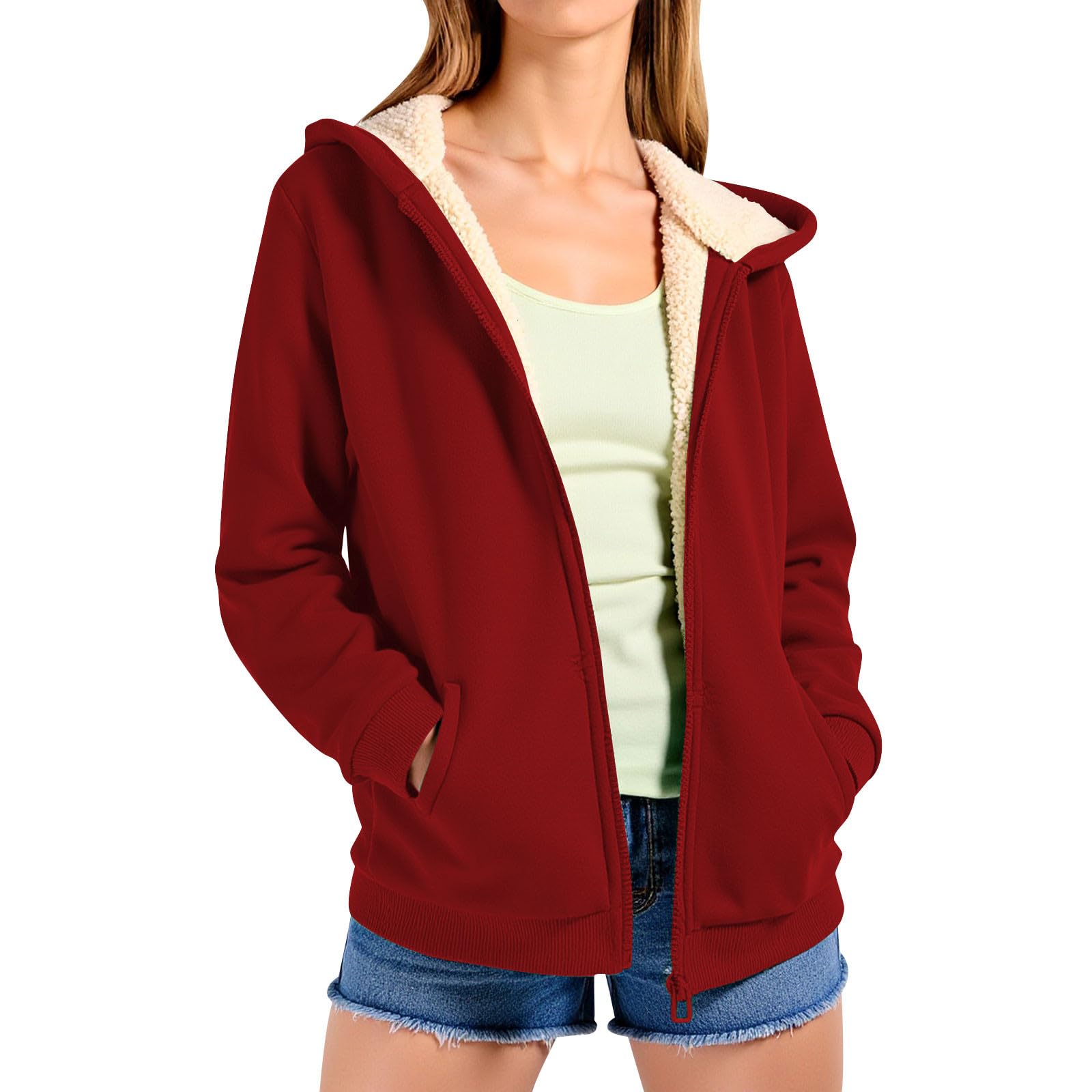 

Женское худи на флисовой подкладке, зимняя куртка на молнии, уютная теплая утолщенная термо-толстовка с капюшоном, пальто с карманами S винный