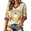 Women's Halloween Print V-Neck T-Shirt Casual Loose Fit Summer Top
