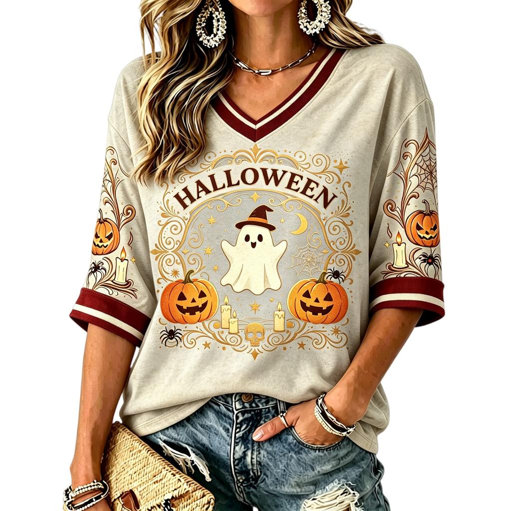 Women's Halloween Print V-Neck T-Shirt Casual Loose Fit Summer Top