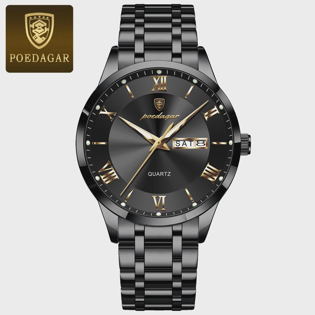 POEDAGAR Luxury Man Clock Waterproof Luminous Week Date Fashion Men's Wristwatch Stainless Steel Business Quartz Watches For Men