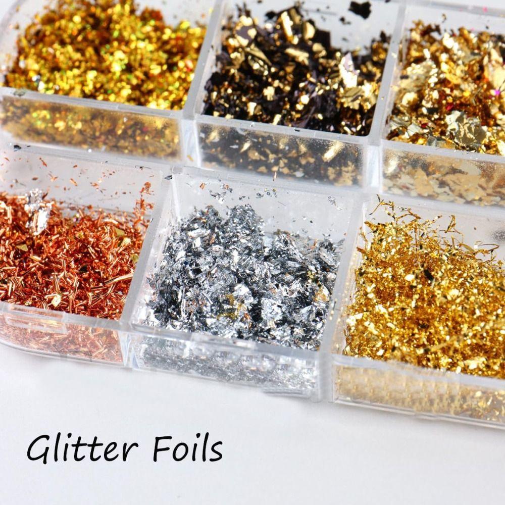 Holographic Nail Glitters Sequins 12 Grids Nail Art Flakes Nail Glitter Gold Foils  DIY Manicure