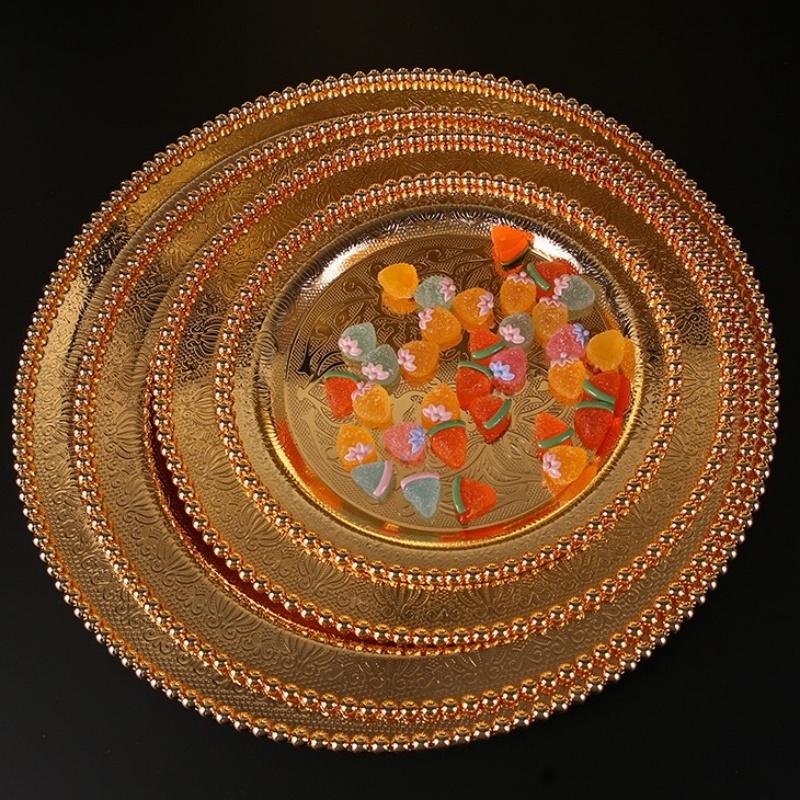 European Fruit Tray, Alloy Household Metal Round Shape High-Grade Relief Plate,Gold Snack Plate Home Table Decoration