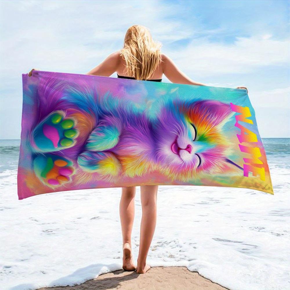 Custom Rainbow Cat Beach Towel Colorful Kitten Print Personalized Name Microfiber Sand Free Quick Dry Gift