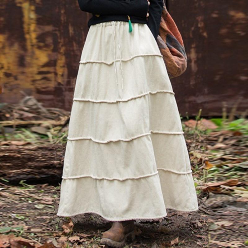 

Женские плюшевые юбки трапециевидной формы Johnature, винтажные эластичные талии из рами, хлопковые мягкие теплые ткани, зимние женские юбки в стиле пэчворк One Size бежевый