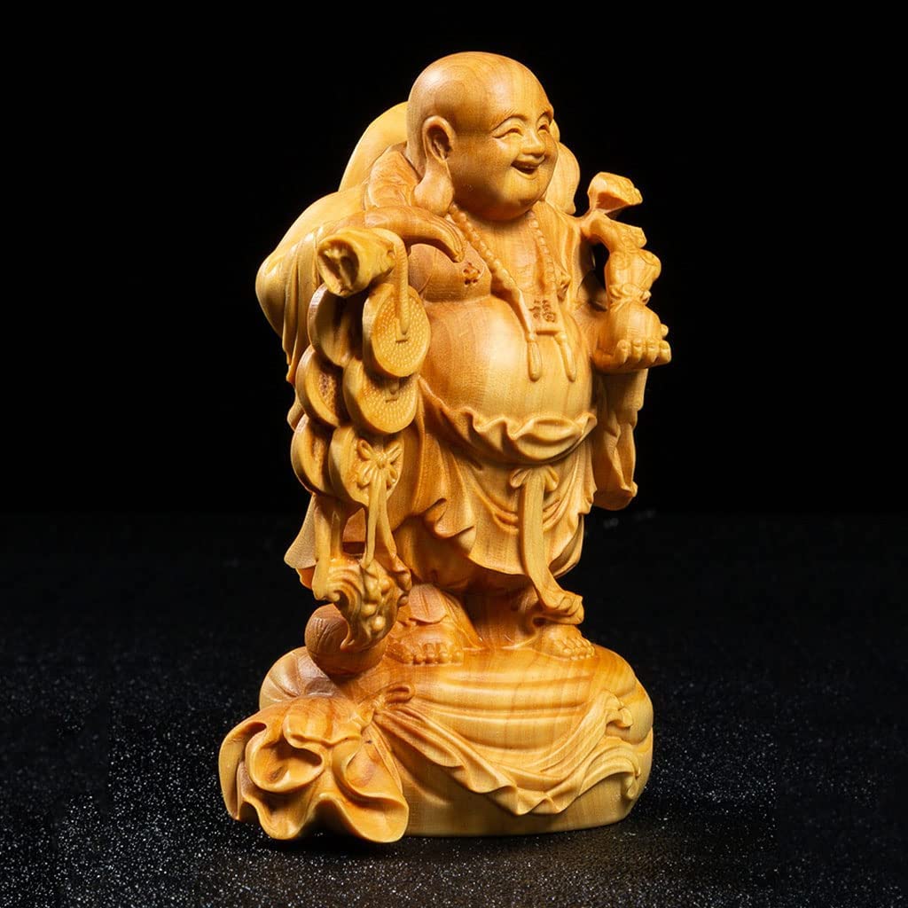 Holzschnitzerei Hotei Buddha Figur von einem der Sieben Glücksgötter 10cm Amulett für Glück und Hochwertiges Buchsbaumholz, Götter, hoch. dfjlwke. Reichtum.