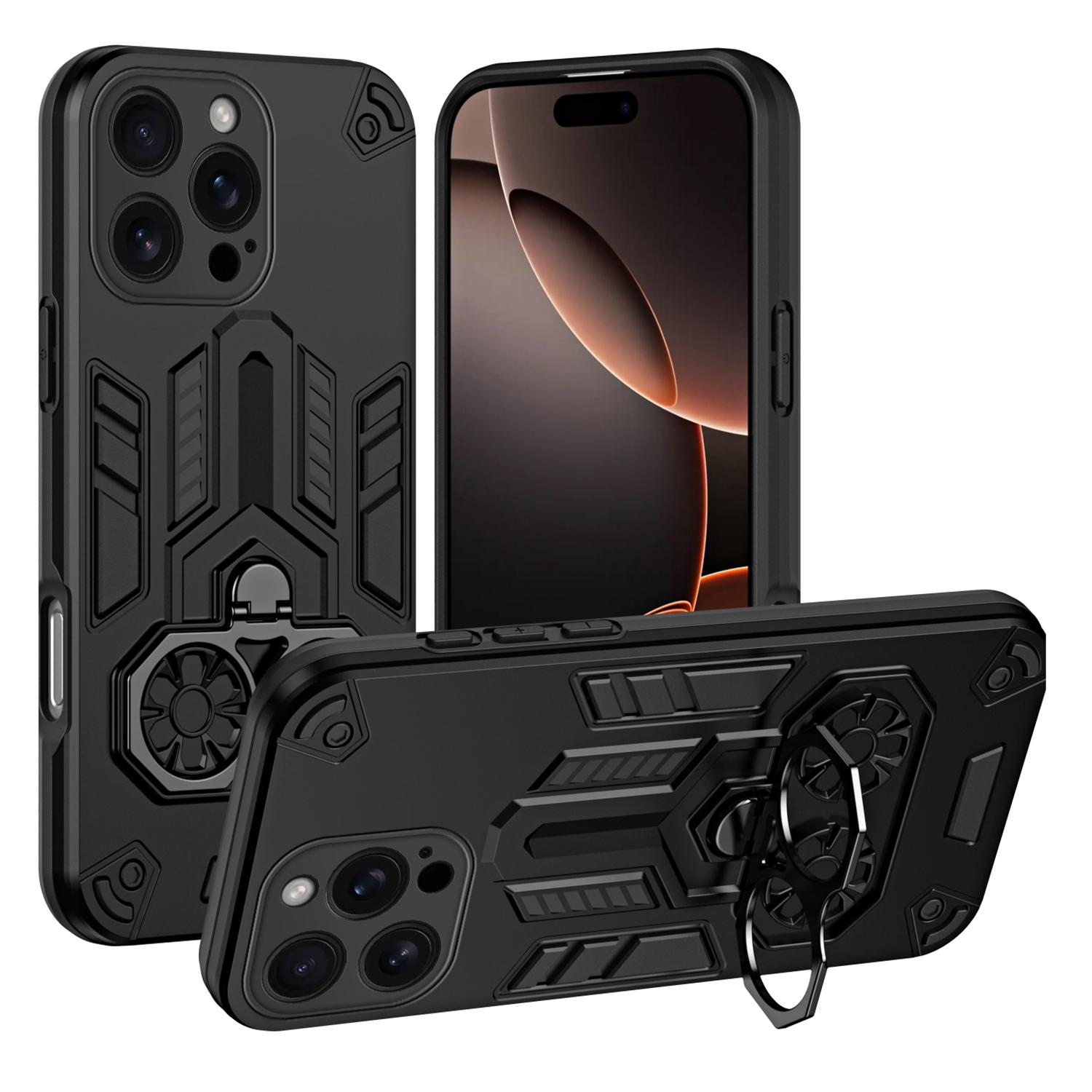 For iPhone 16 Pro Case Ring Holder Kickstand PC + TPU Shockproof Phone Cover B