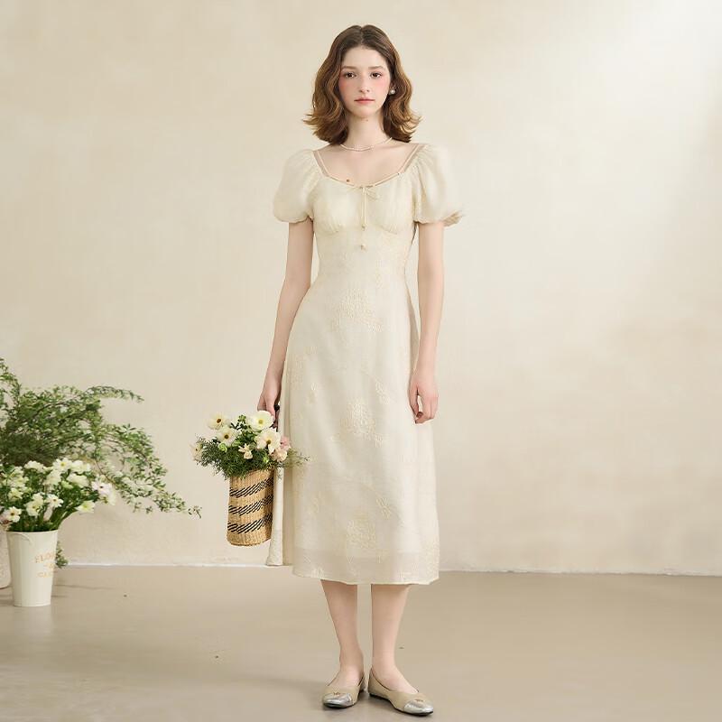 Textured Embroidered Square-Neck Puff Sleeve Long Dress