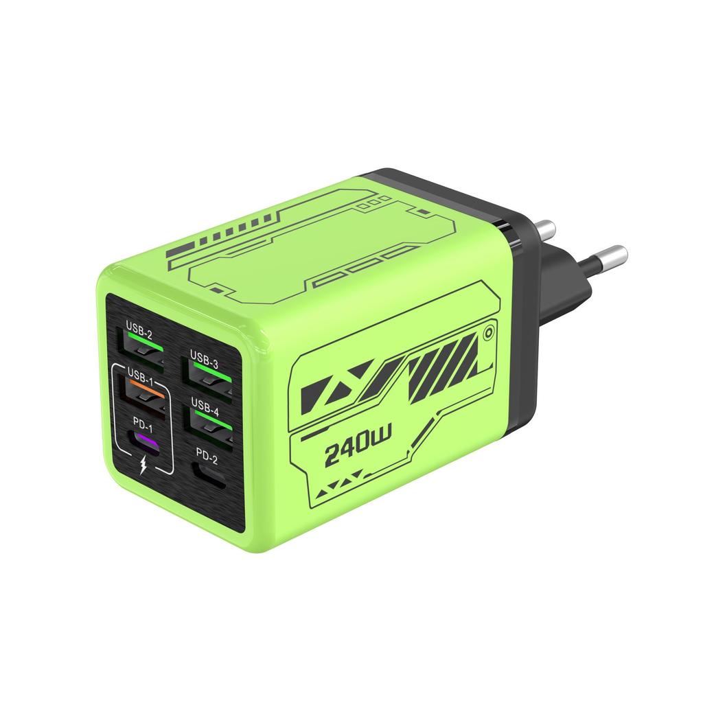 Mecha Style PD240W Fast Charger: 4-USB & 2-Type-C Ports, Compatible with Apple & Huawei Devices