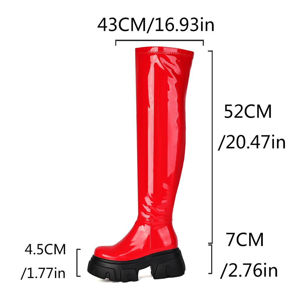 Dámské platformové kozačky nad koleno s robustním podpatkem, strečové dlouhé bojové kotníkové boty z lakované kůže