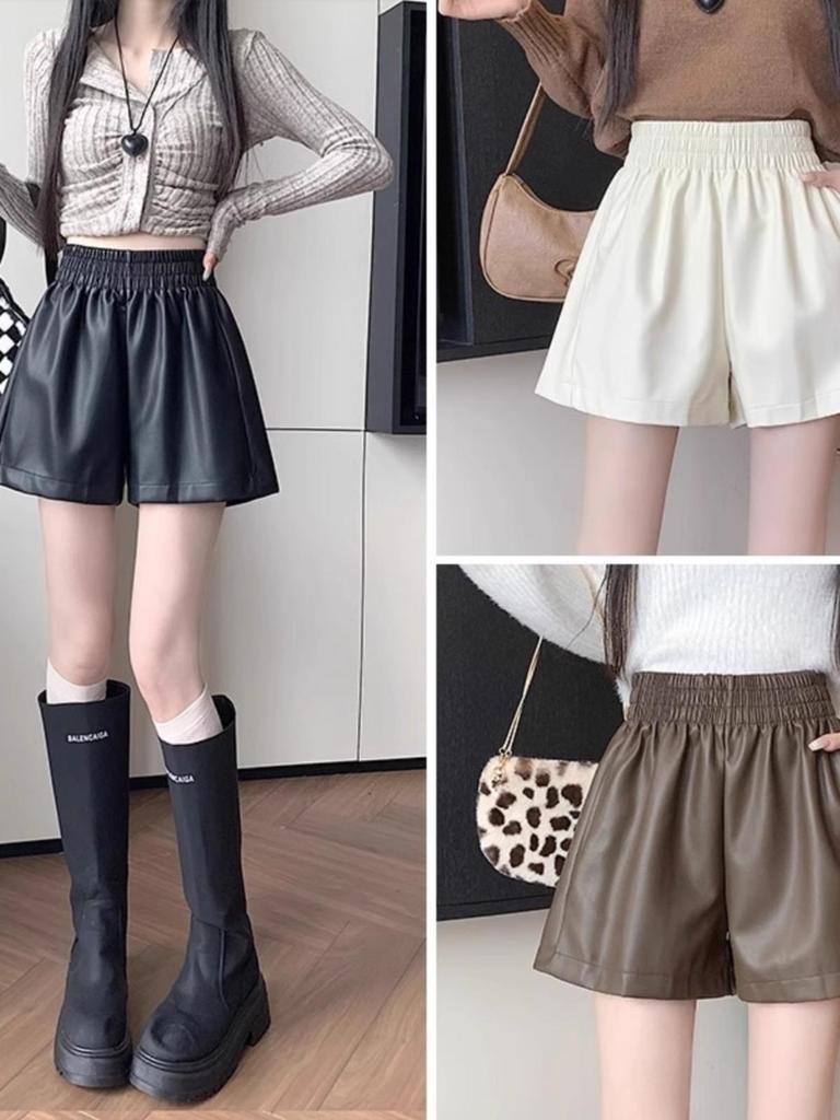Women's High-Waist PU Leather A-Line Pants: Black Wide-Leg, Loose Fit for Autumn/Winter 2023