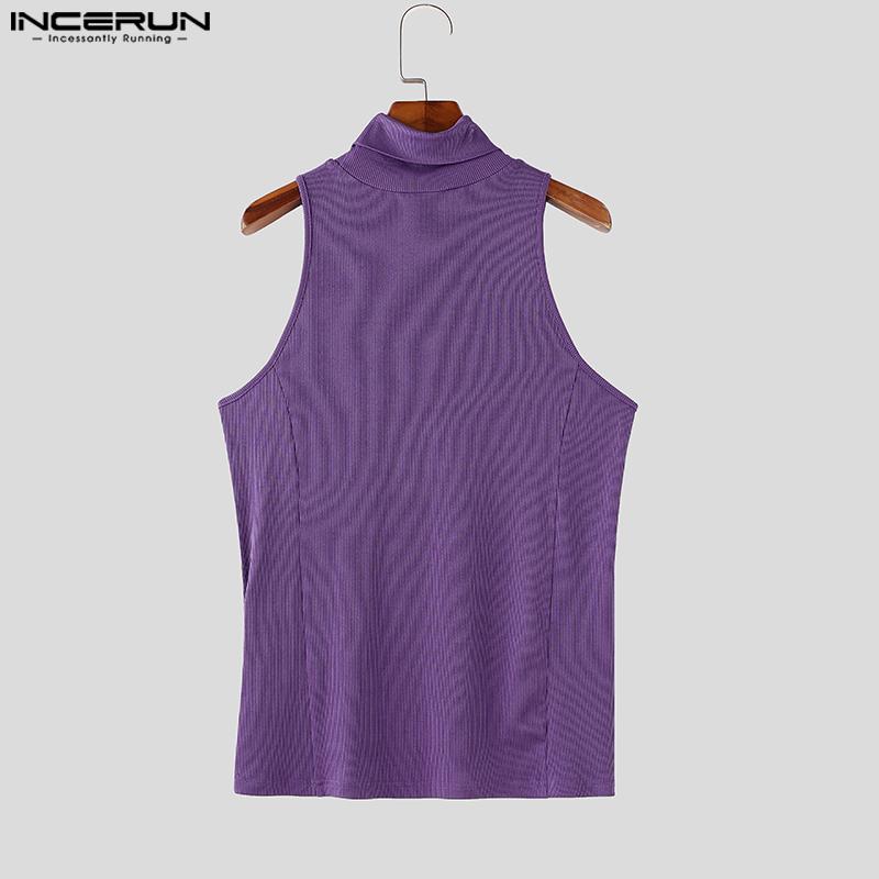 INCERUN Summer Men Turtleneck Sleeveless Racerback Rib Sport Tank Tops T-shirts