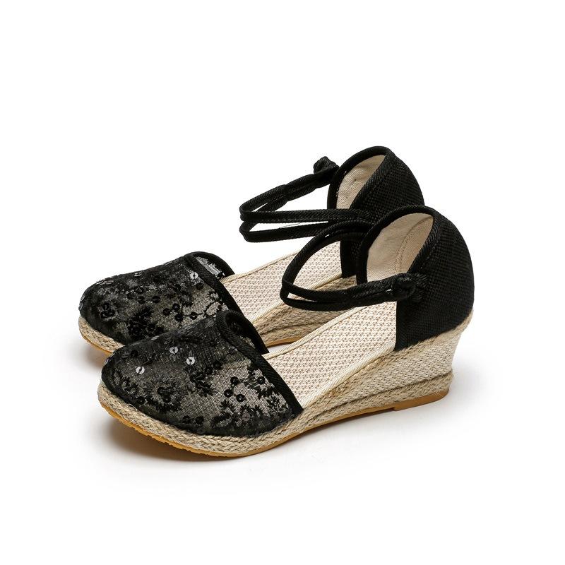 Женские сандалии на танкетке в сетку Baotou Классические женские льняные сандалии с пряжкой 42 чёрный 2567₽