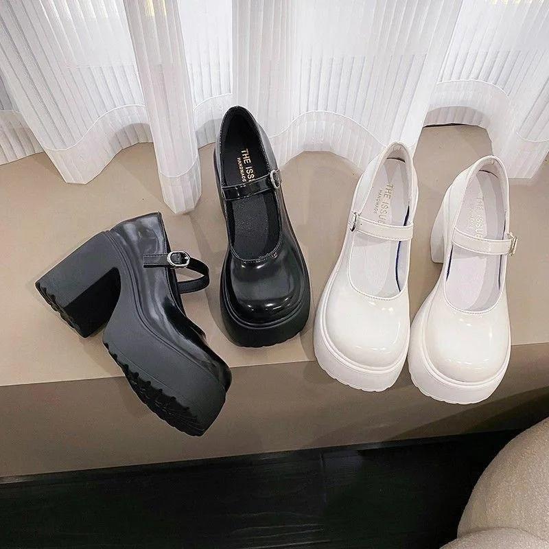 White Super High Heels  Shoes for Women Patent Leather Chunky Platform Pumps Woman Gothic Buckle Strap Lolita Shoes