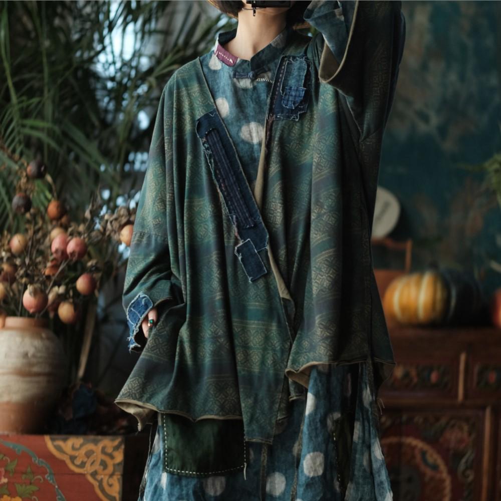 

Johnature Women Vintage Shirts Tops Spring Chinese Style Print Floral Belt Blouses V-Neck Patchwork Shirts One Size