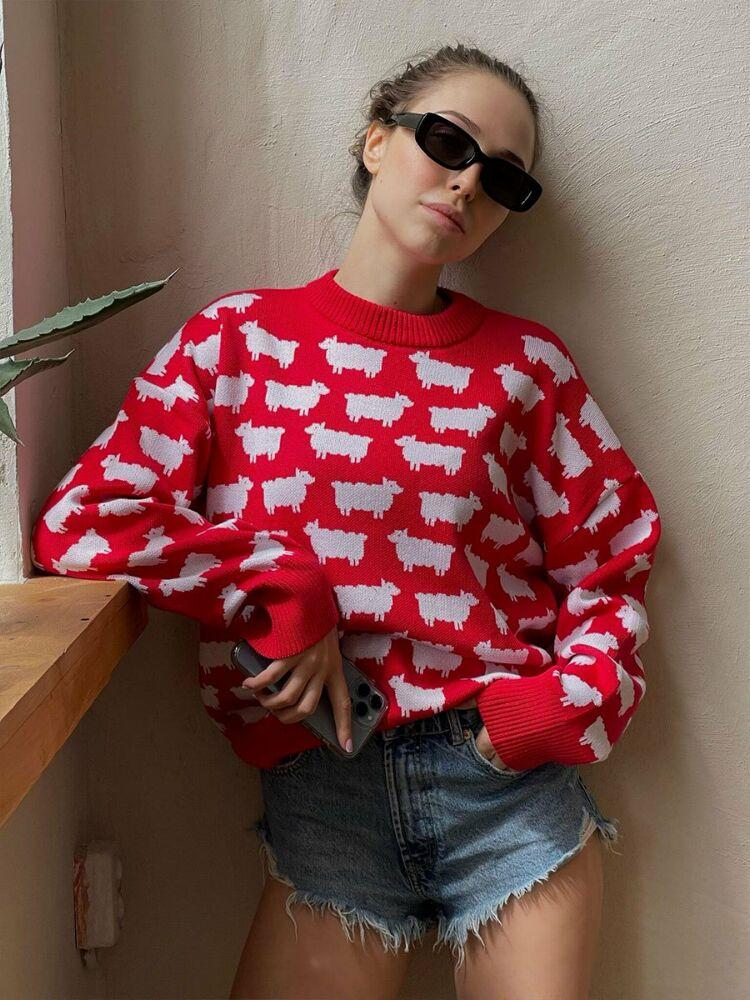 Lockerer Pullover mit Schafdruck Übergröße Damen O-Ausschnitt Langarm Damenpullover Herbst Winter Dick Warm Lässige Pullover