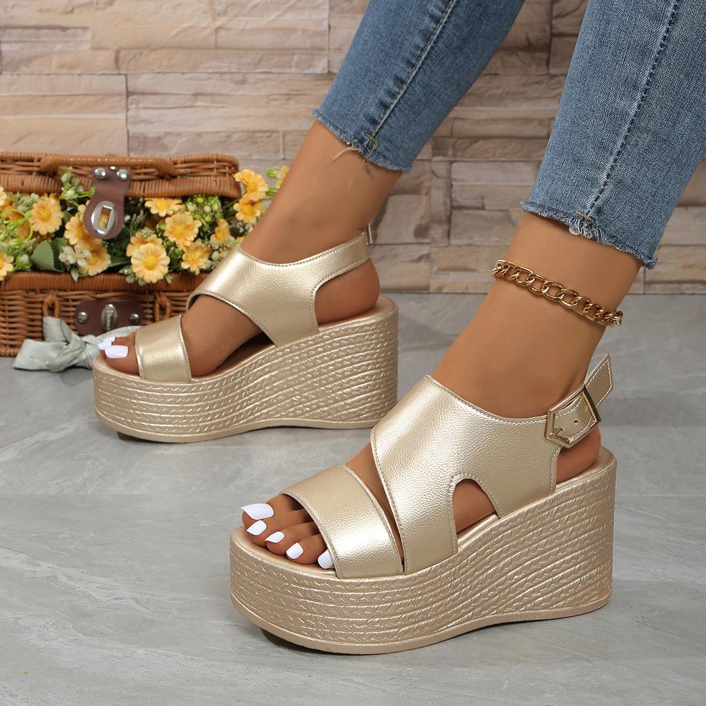 Fashion Open-toe Slope Sandals Leather Strap Roman Shoes 2025 Summer Fashion Lightweight Thick Sole High Heels Women's Shoes
