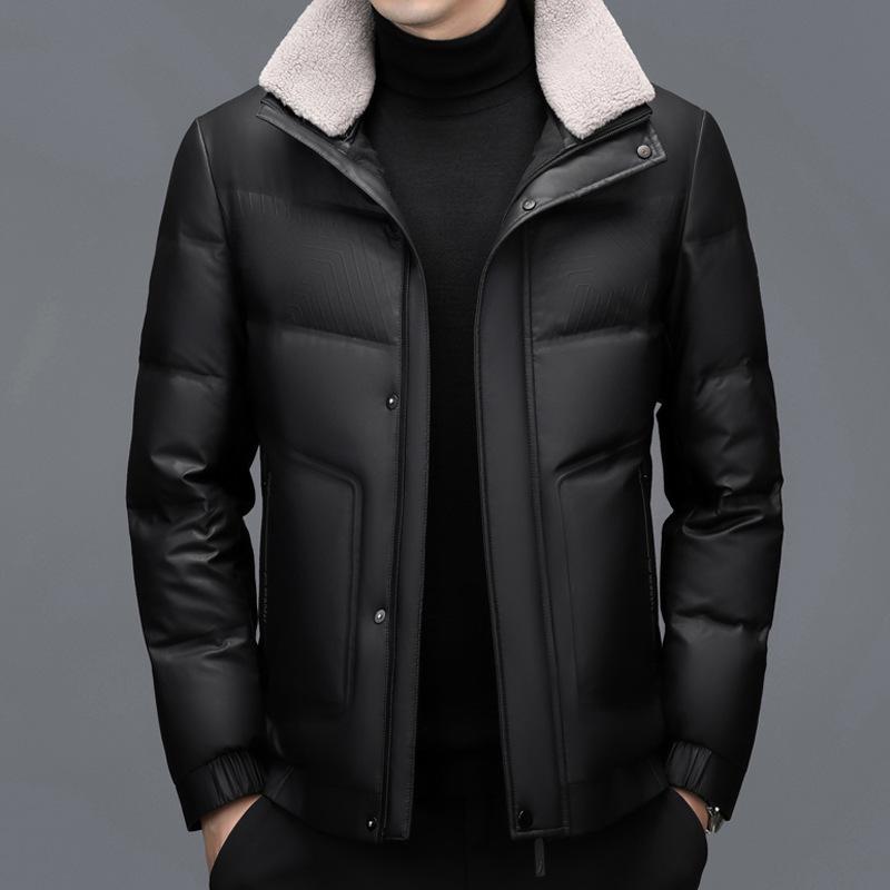 Men's Thickened Genuine Leather Down Jacket - Plus Size, Middle-Aged & Elderly, Winter Turn-Down Collar Outerwear, Loose Fit