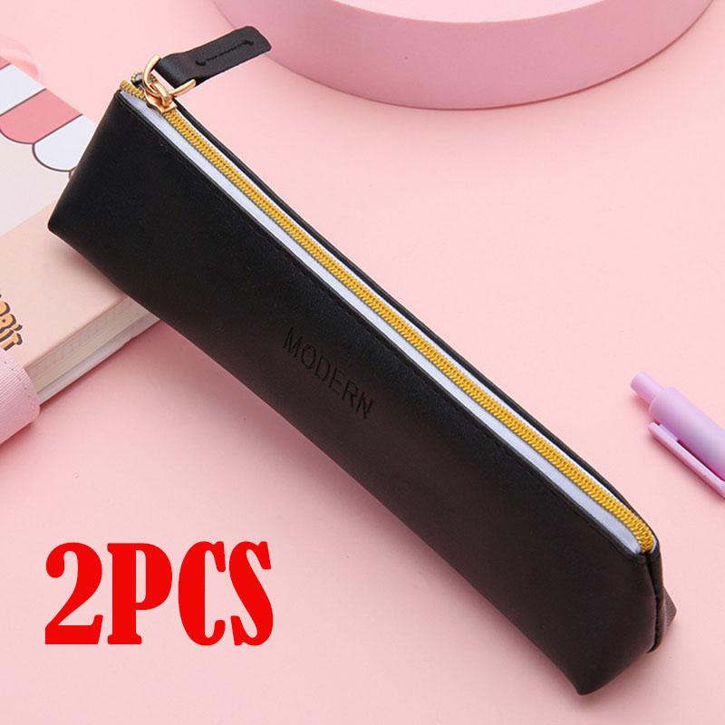 New PU Leather Zipper Pen Pencil Bag Simple Vintage Color Case Storage Pouch for Pens Stationery School  Mini Pencils Bag