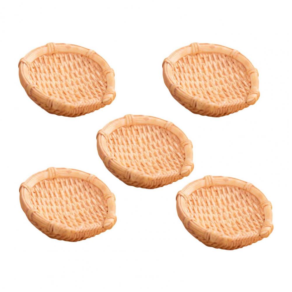 Miniature Decorative Basket Resin Mini Basket 5 Pcs Fairy Garden Micro Mini Resin Rattan Baskets Dollhouse Woven Basket Decor