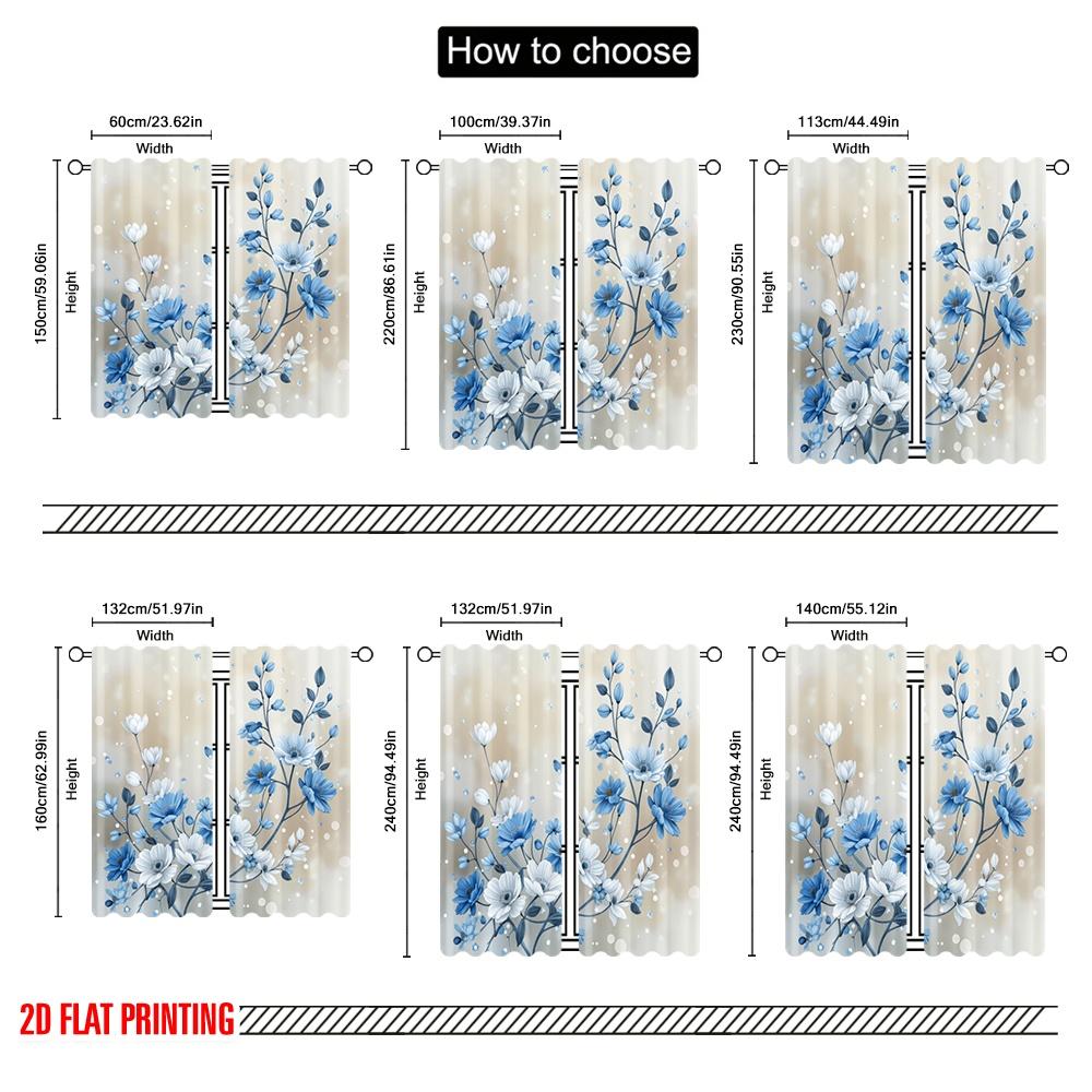 2 szt., Zasłony z nadrukiem wzoru 2D, Niebieski Kwiatowy Harmonia, Wszechstronne, 100% Poliester (bez pręta) Wszechstronny Wszystko Idealne dla