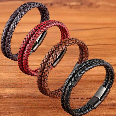 19/21/23cm Men Leather Rope Bracelet Vintage Handwoven Couple Jewelry Black Brown Red Blue Stylish Casual Bracelets for Mens