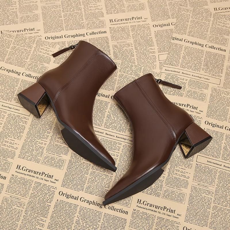 Premium Short Boots Women's Thick Heel Small Fragrant Pointed Martin Boots High Heels Small Ankle Boots Korean Black Thin Boots