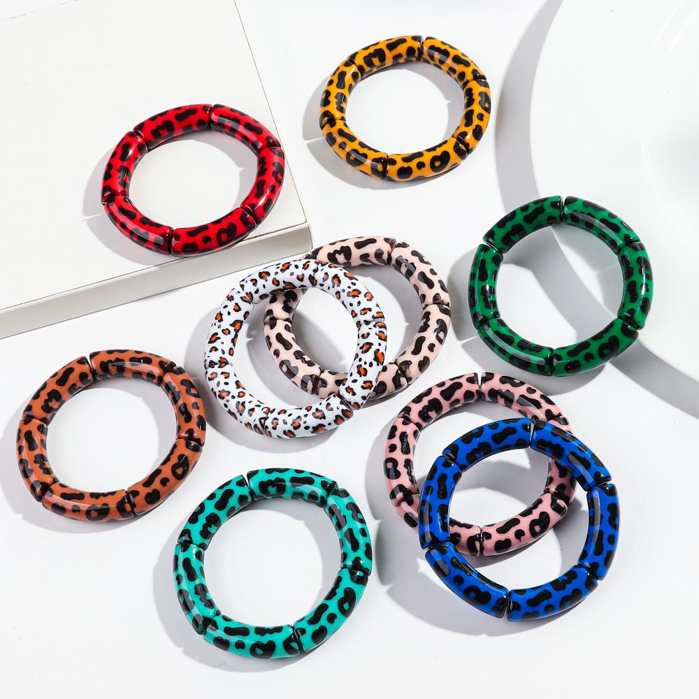 Colorful Leopard Bamboo Tube Acrylic Bracelets for Women Men Vintage Elastic Chunky Curved Resin Bangle Stackable Jewelry Gifts