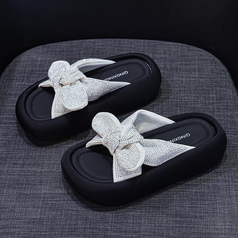Rhinestones wear slippers for women, 2025 new bow casual fashion, versatile platform beach women's shoes