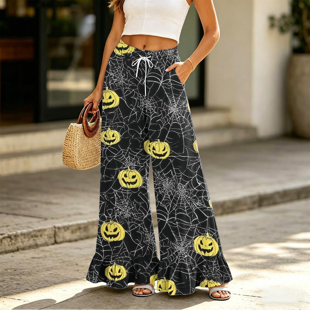 Women High Waist Drawstring Wide Leg Pants with Pockets Halloween Print Loose Fit Casual Long Trousers for Daily Wear