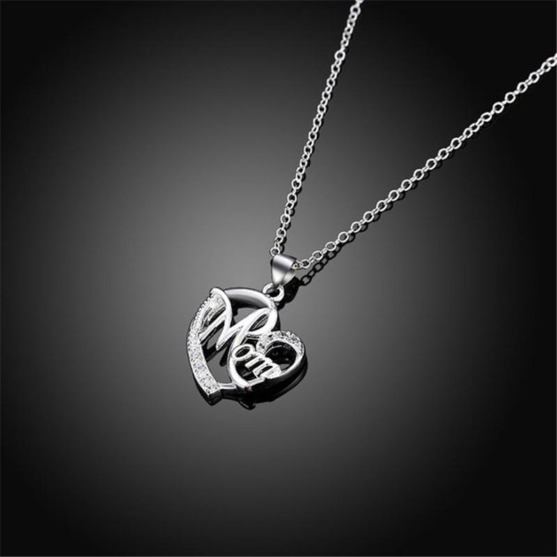 Mom Heart-shaped Pendant Diamond Letter Alloy Rhinestone Women Necklace Jewelry Mother Gift