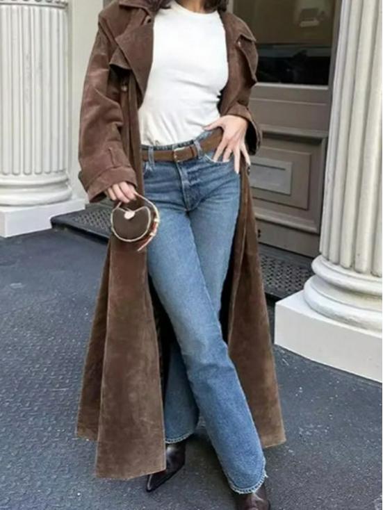 Vintage French Temperament Women's Brown Tie-Belt Long Coat - Autumn/Winter 2026 Collection
