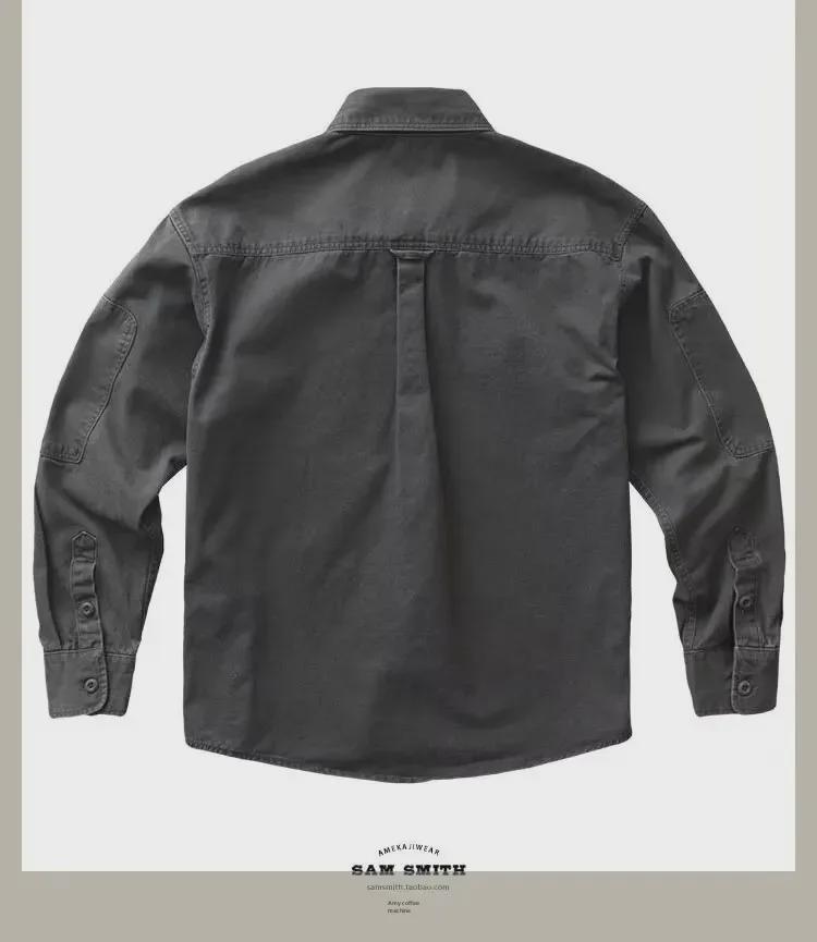 Shawn Yue Men's Japanese Style Workwear Shirt - Long Sleeve, Loose Fit, Washed Casual Jacket for Spring and Autumn