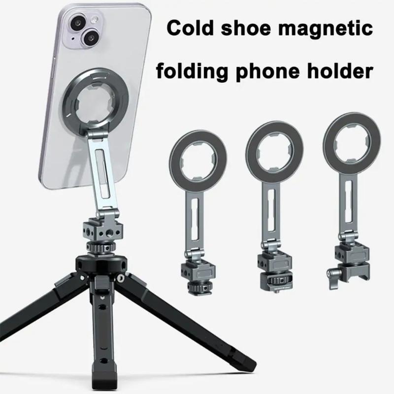Collapsible Metal Phone Holder Featuring Magnetic Locking System Double Orientation Shoots Cold Shoe Expansion Interface