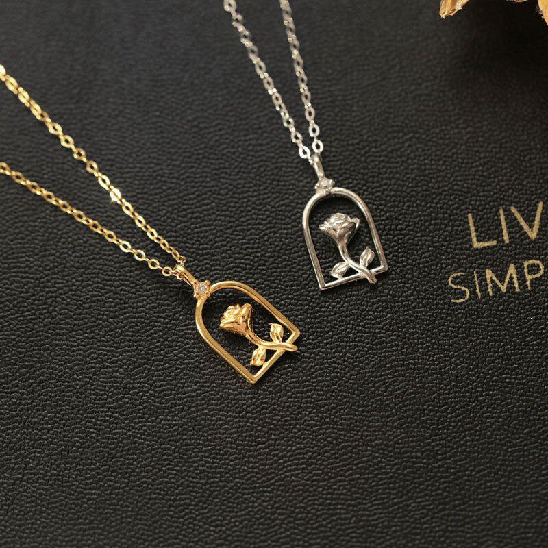 14K Gold-Plated S925 Sterling Silver Rose Necklace - Elegant French Collarbone Chain for Women